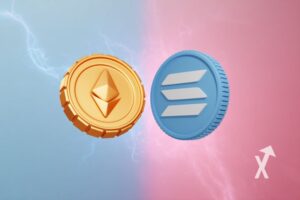 solana et ethereum coin sur un fond mi rose et mi-bleu