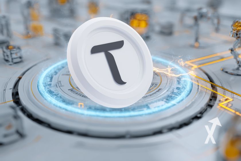 Tao coin sur un fond gris blanc avec electricité et robotique