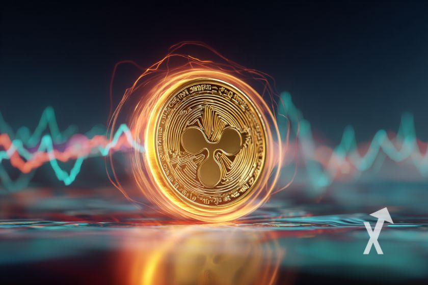 Coin XRP en jaune avec trendline rouge et verte autour et fond bleu