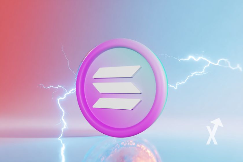 coin solana sur un fond bleu et rose avec électricité bleue