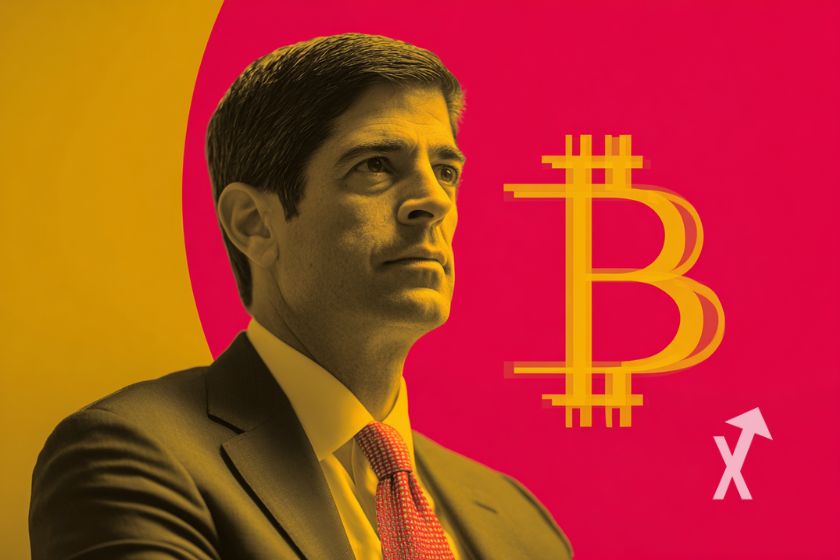 Kevin Warsh sur un fond rouge et jaune avec un logo Bitcoin jaune