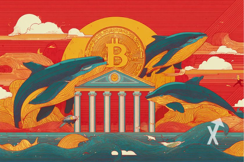 Baleines et une banque sur un fond rouge style dessin japonais avec un Bitcoin orange en soleil levant