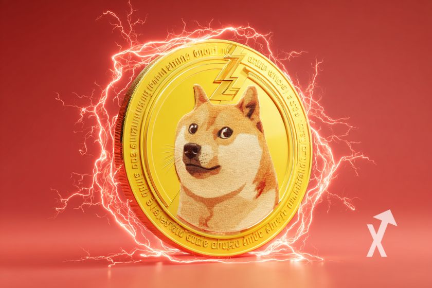 coin doge en jaune sur un fond rouge avec électricité autour
