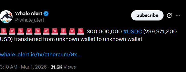 tweet de whale alerts sutr transfère de USDC vers un wallet
