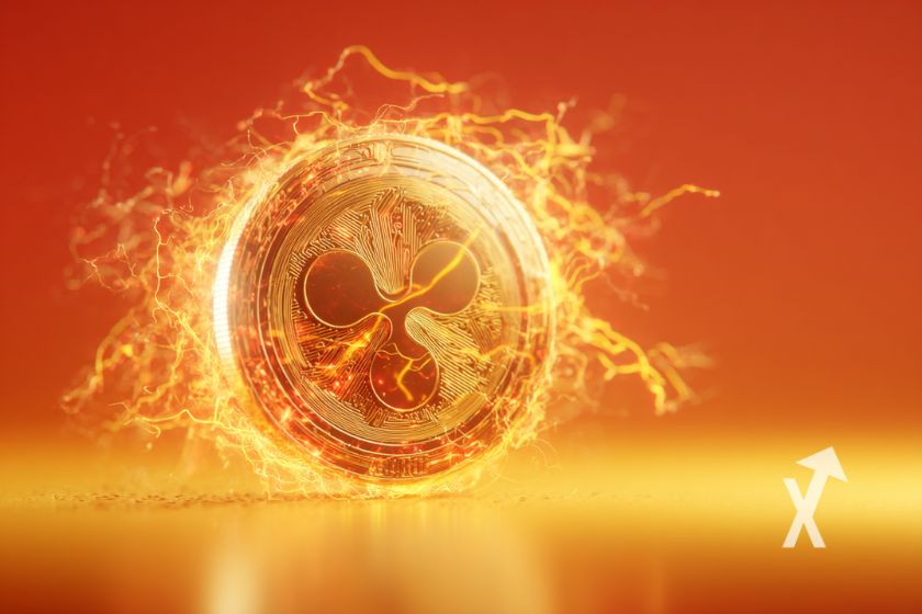 coin XRP sur un fond orange avec électricité orange autour