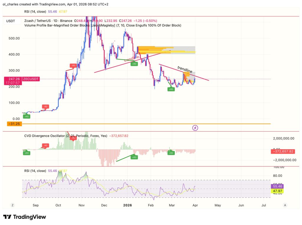 cours du Zcash zec en 1 jour avec trendline, order block et RSI
