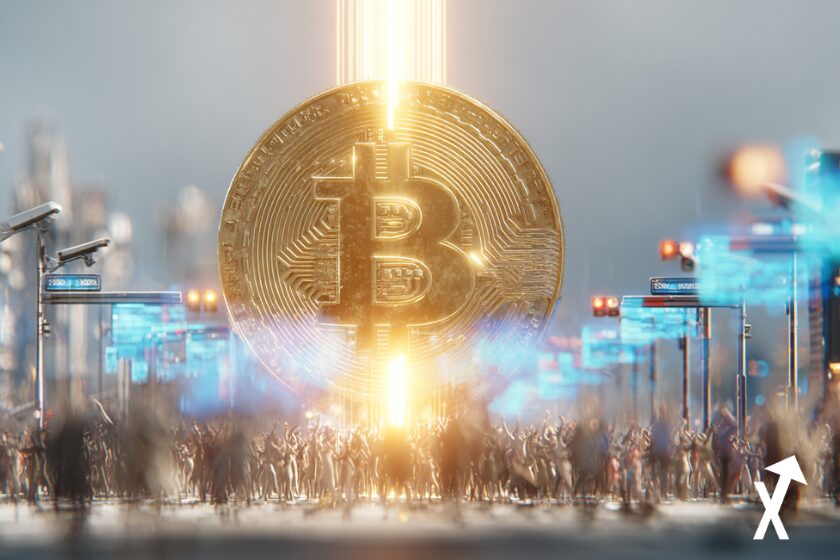 `Pièce Bitcoin dorée géante en lévitation au-dessus d'un carrefour urbain animé, vrai trafic qui circule en contrebas, caméras de surveillance sur des poteaux émettant une lumière bleue, compteur de véhicules holographique IA`