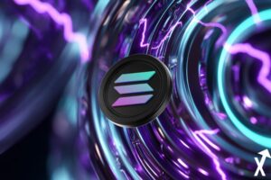 solana coin violet noir sur fond blockchain violette colorée lumineuse