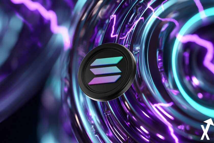 solana coin violet noir sur fond blockchain violette colorée lumineuse