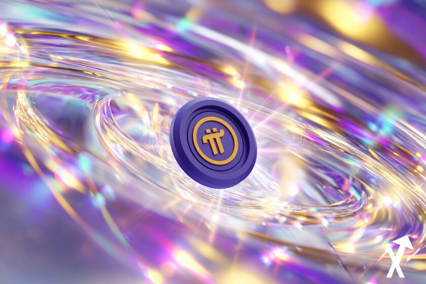 `Pièce Pi Network en lévitation, rayons de lumière violets et dorés, surface holographique futuriste, fond blanc épuré, anneaux d'énergie prismatiques violets et jaunes, détails métalliques nets, ultra coloré, éclairage cinématographique, hyperréaliste`