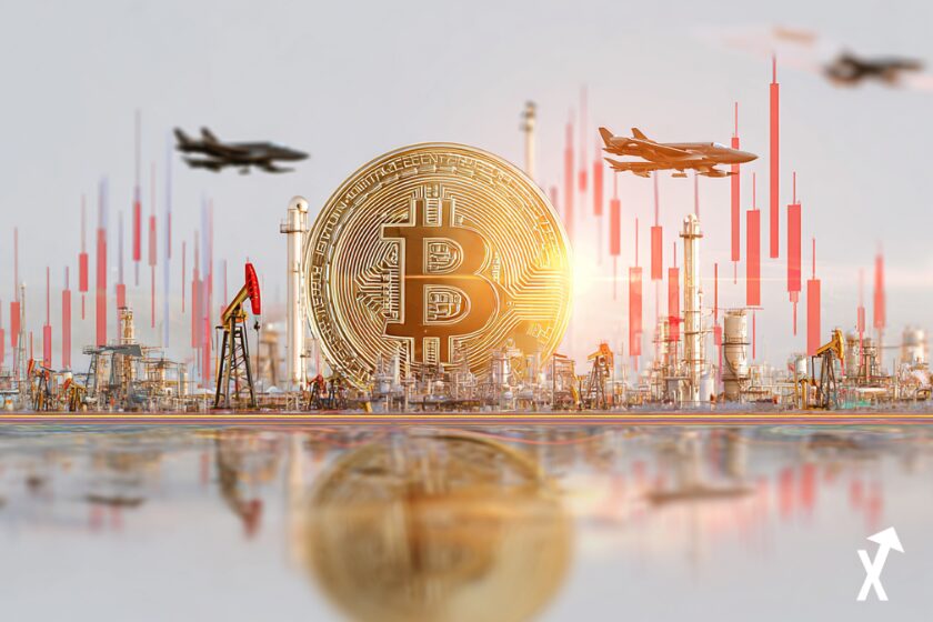 Pièce Bitcoin dorée géante en lévitation au-dessus de champs pétroliers du Moyen-Orient, jets militaires en arrière-plan, rayons de lumière rouges et dorés, graphiques de Wall Street en chute en dessous, fond blanc épuré, ultra coloré, éclairage cinématographique, hyperréaliste