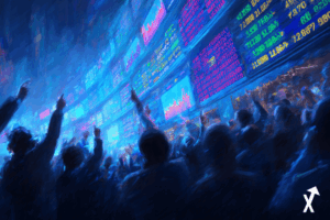 Foule de traders pariant sur des écrans holographiques lumineux, interface de marchés de prédiction avec élections sport et graphiques crypto, lumière néon bleue et dorée vibrante, énergie dynamique, personnes pointant des écrans flottants, ultra coloré