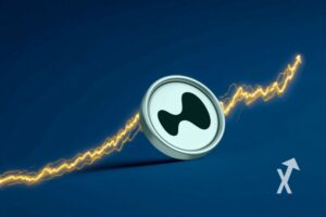 coin hyperliquid HYPE sur un fond bleu foncé avec trendline jaune