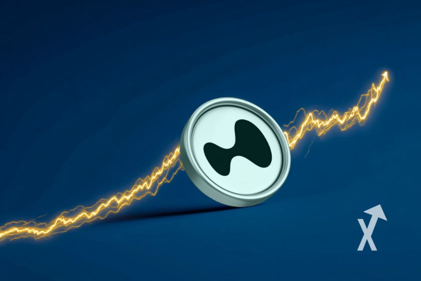 coin hyperliquid HYPE sur un fond bleu foncé avec trendline jaune