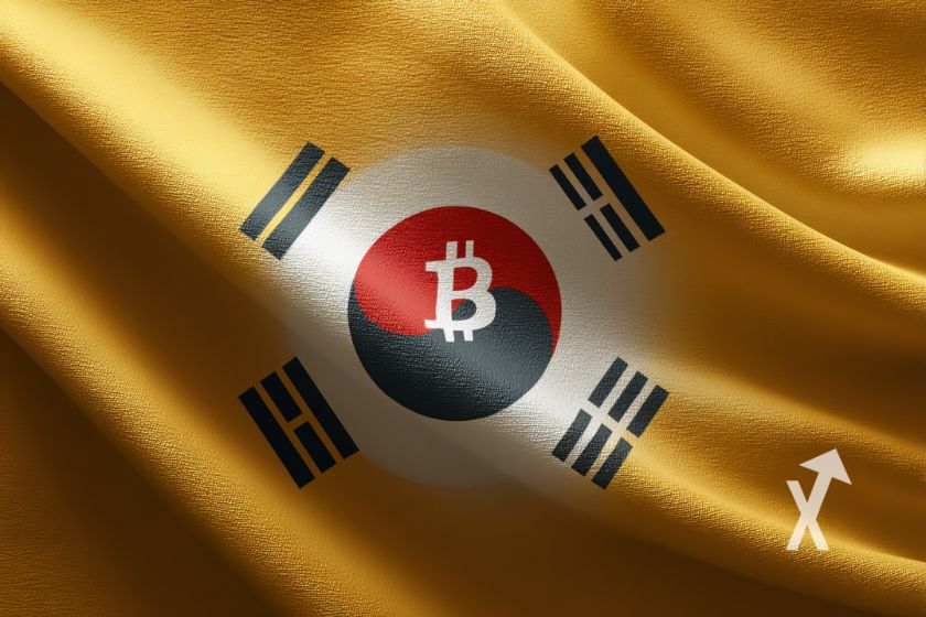 drapeau jaune avec drapeau corée du sud et un logo Bitcoin blanc dans le drapeau