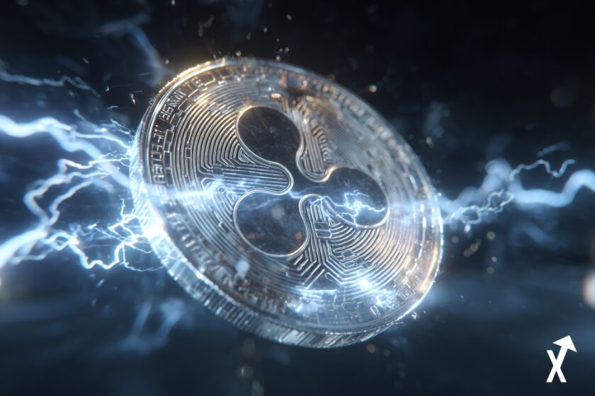 Pièce XRP argentée scintillante en lévitation, étincelles électriques et éclairs qui l'entourent, éclats de lumière rayonnants, courants d'énergie qui s'enroulent autour de la pièce, fond sombre avec rayons de lumière bleu électrique et blanc,