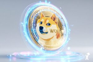 Pièce Dogecoin dorée en lévitation, surface holographique lumineuse, anneaux d'énergie bleu électrique, visage Shiba Inu brillant, fond blanc épuré, rayons de lumière prismatiques, détails métalliques nets, ultra coloré, éclairage cinématographique, hyperréaliste