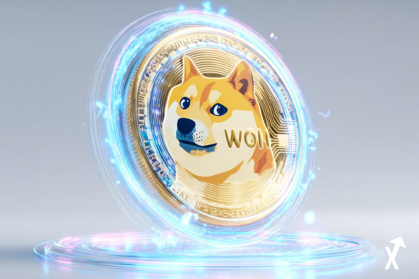 Pièce Dogecoin dorée en lévitation, surface holographique lumineuse, anneaux d'énergie bleu électrique, visage Shiba Inu brillant, fond blanc épuré, rayons de lumière prismatiques, détails métalliques nets, ultra coloré, éclairage cinématographique, hyperréaliste