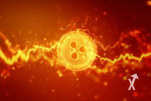 XRP coin sur un fond rouge avec trendline jaune électrique