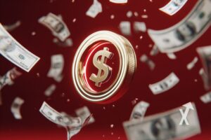 USDC coin sur un fond rouge avec billets dollars qui volent autour