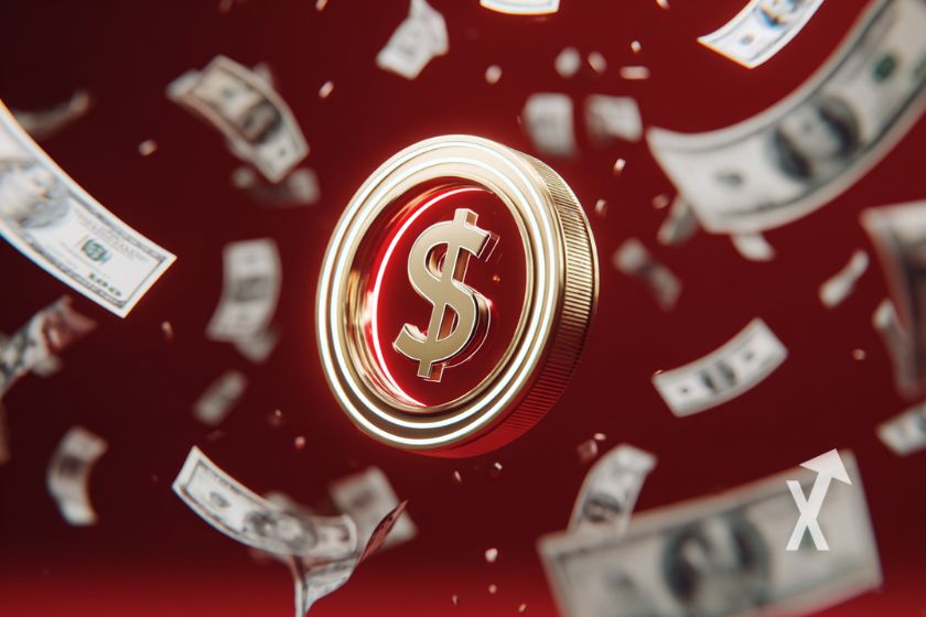 USDC coin sur un fond rouge avec billets dollars qui volent autour