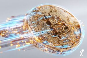 Pièce Bitcoin géante lumineuse face à un ordinateur quantique Google, faisceaux d'énergie électrique les reliant, circuits quantiques et nœuds blockchain flottants, fond blanc épuré, rayons de lumière bleu vif et dorés, ultra coloré,