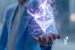 Ethereum logo dans la main d'un homme en costume bleu avec électricité