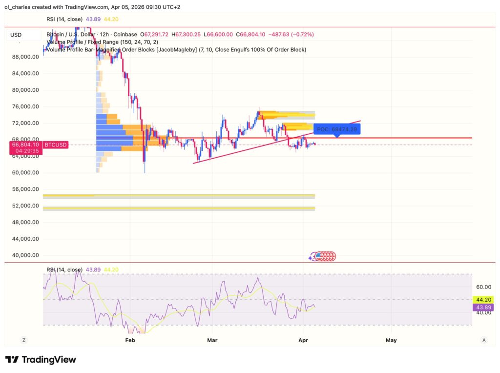 cours du Bitcoin en 12 heures avec order blocc, VPFR et RSI