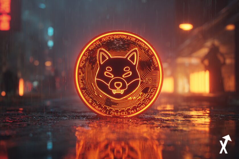 10:59Pièce Shiba Inu SHIB flottant dans une ville cyberpunk sombre, lueur néon orange et rouge, reflets de pluie sur sol mouillé, projection holographique du visage du chien, lignes de circuits lumineux, atmosphère sombre et envoûtante, ambiance Blade Runner,