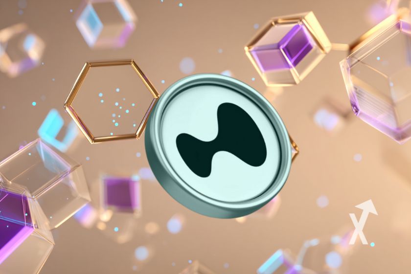 Hype hyperliquid coin sur un fond marron avec des cubes blockchains transparents