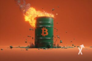 Baril de pétrole avec logo bitcoin jaune dessus et de la fumée sur un fond orange