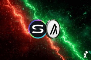 Image de couverture InvestX — Confrontation entre le token SIREN (logo S multicolore sur fond noir, côté rouge baissier) et le token Algorand ALGO (logo A blanc sur fond gris, côté vert haussier) algorand et siren coins