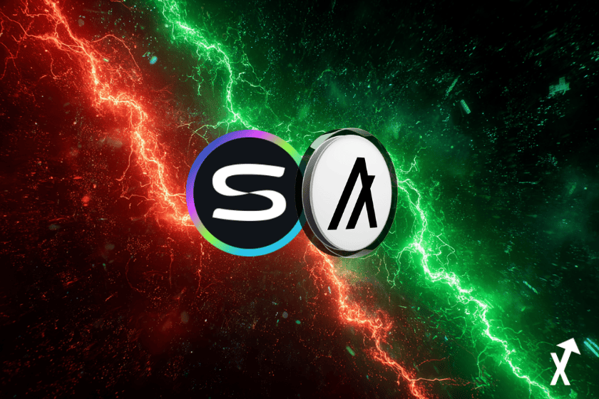 Image de couverture InvestX — Confrontation entre le token SIREN (logo S multicolore sur fond noir, côté rouge baissier) et le token Algorand ALGO (logo A blanc sur fond gris, côté vert haussier) algorand et siren coins