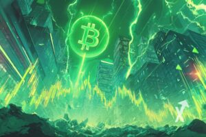 Bitcoin logo vert sur un fond vert avec buildings et éclairs verts