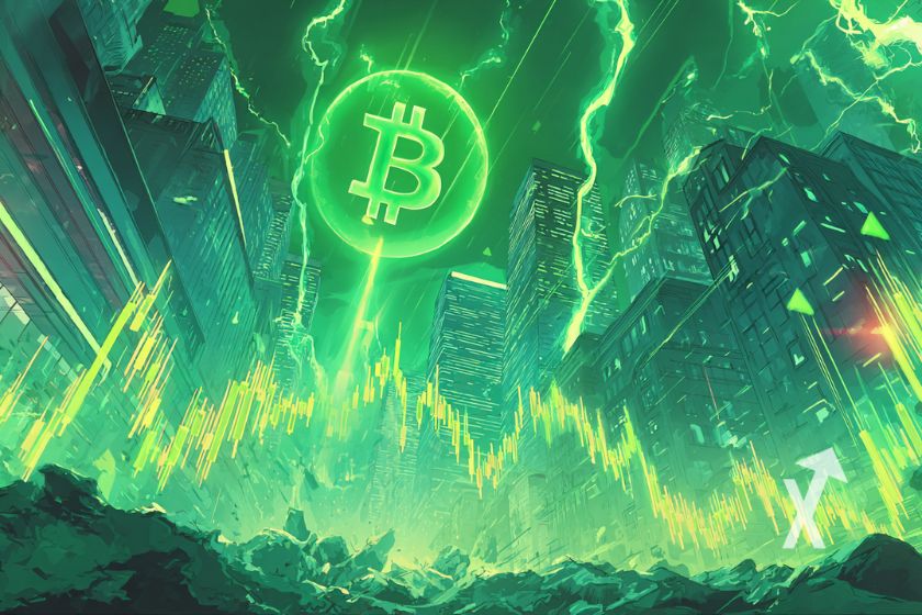Bitcoin logo vert sur un fond vert avec buildings et éclairs verts