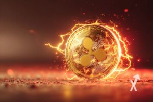 coin xrp sur un fond orange avec électricité orange