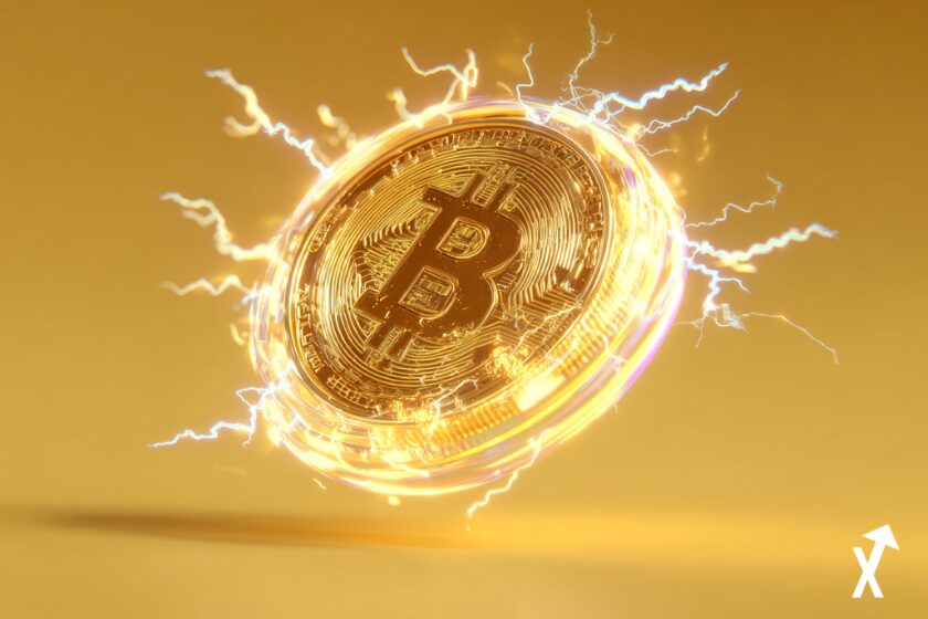 Pièce Bitcoin dorée géante en lévitation, éclairs électriques tout autour, éclats de lumière dorée et blanche rayonnants, fond jaune vif épuré, anneaux d'énergie prismatiques,