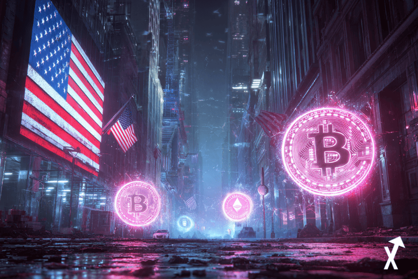 Quartier financier de Wall Street à l'heure dorée, drapeau américain lumineux flottant à gauche, pièces Bitcoin et Ethereum en lévitation à droite avec éclats de lumière rayonnants