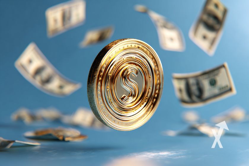 USDC coin sur un fond bleu avec billets dollars