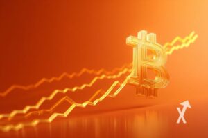 Bitcoin logo en jaune avec trendline jaune et fond orange