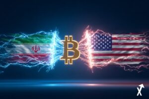 Drapeau iranien à gauche et drapeau américain à droite, lettre B Bitcoin géante et lumineuse flottant au centre, énergie électrique reliant les deux drapeaux à travers le symbole Bitcoin, fond bleu épuré, éclats de lumière rayonnants, ultra coloré, éclairage cinématographique, hyperréaliste