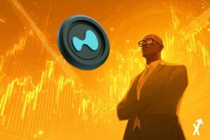 arthur hayes trader crypto confiant en costume devant une interface de trading Hyperliquid lumineuse, énergie électrique jaune et orange l'entourant, graphiques holographiques HYPE flottant dans l'air
