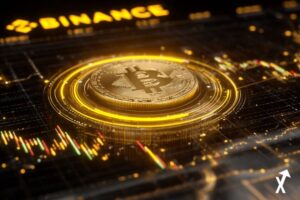 Interface de trading géante et lumineuse flottant dans les airs, pièce Bitcoin dorée en lévitation au centre