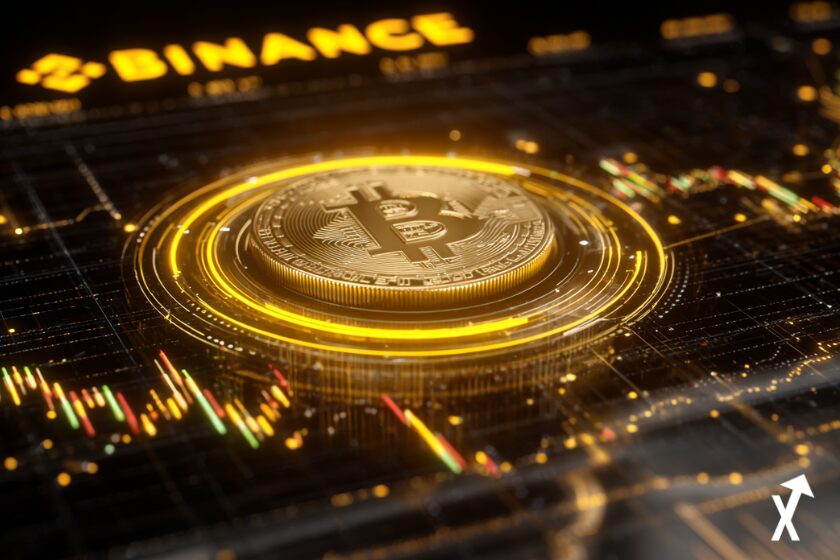 Interface de trading géante et lumineuse flottant dans les airs, pièce Bitcoin dorée en lévitation au centre