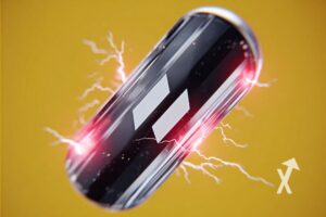 Pillule avec logo Lighter LIT en noir sur un fond jaune avec électricité autour