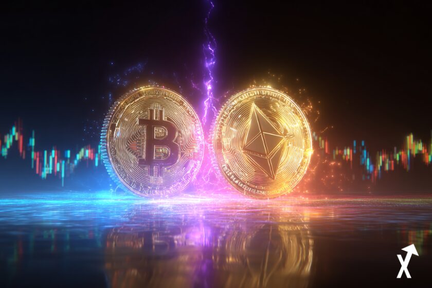Pièce Bitcoin géante et pièce Ethereum en lévitation côte à côte, éclats de lumière multicolores rayonnants entourant les deux pièces, rayons d'énergie électrique bleu violet et or les reliant, graphiques holographiques flottant en arrière-plan, fond sombre avec reflets prismatiques, ultra coloré, éclairage cinématographique, hyperréaliste