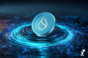 Pièce SUI géante et lumineuse en lévitation, surface métallique bleu clair et cyan avec logo goutte d'eau blanche, anneaux d'énergie électrique bleus entourant la pièce, éclats de lumière rayonnants, graphiques holographiques flottant en arrière-plan, fond sombre avec reflets néon bleus, ultra coloré, éclairage cinématographique, hyperréaliste