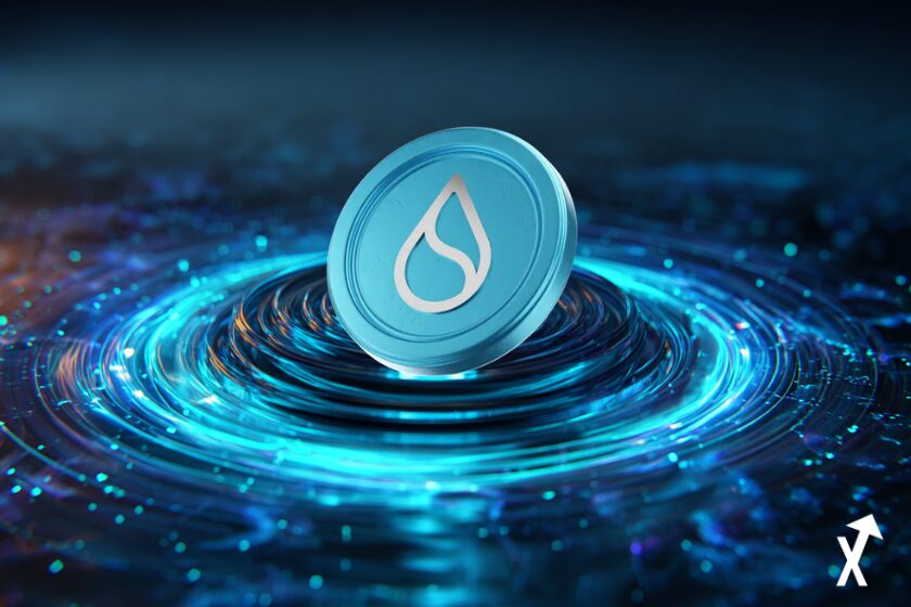 Pièce SUI géante et lumineuse en lévitation, surface métallique bleu clair et cyan avec logo goutte d'eau blanche, anneaux d'énergie électrique bleus entourant la pièce, éclats de lumière rayonnants, graphiques holographiques flottant en arrière-plan, fond sombre avec reflets néon bleus, ultra coloré, éclairage cinématographique, hyperréaliste