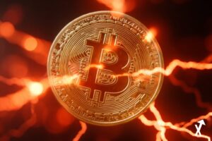 Pièce Bitcoin dorée lumineuse face à un bâtiment Federal Reserve illuminé, rayons de lumière blancs et dorés les reliant, graphiques holographiques de taux d'intérêt flottant dans l'air, fond blanc épuré, énergie électrique dorée, composition dynamique, sans logo sans texte, éclairage cinématographique, hyperréaliste