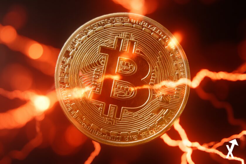 Pièce Bitcoin dorée lumineuse face à un bâtiment Federal Reserve illuminé, rayons de lumière blancs et dorés les reliant, graphiques holographiques de taux d'intérêt flottant dans l'air, fond blanc épuré, énergie électrique dorée, composition dynamique, sans logo sans texte, éclairage cinématographique, hyperréaliste